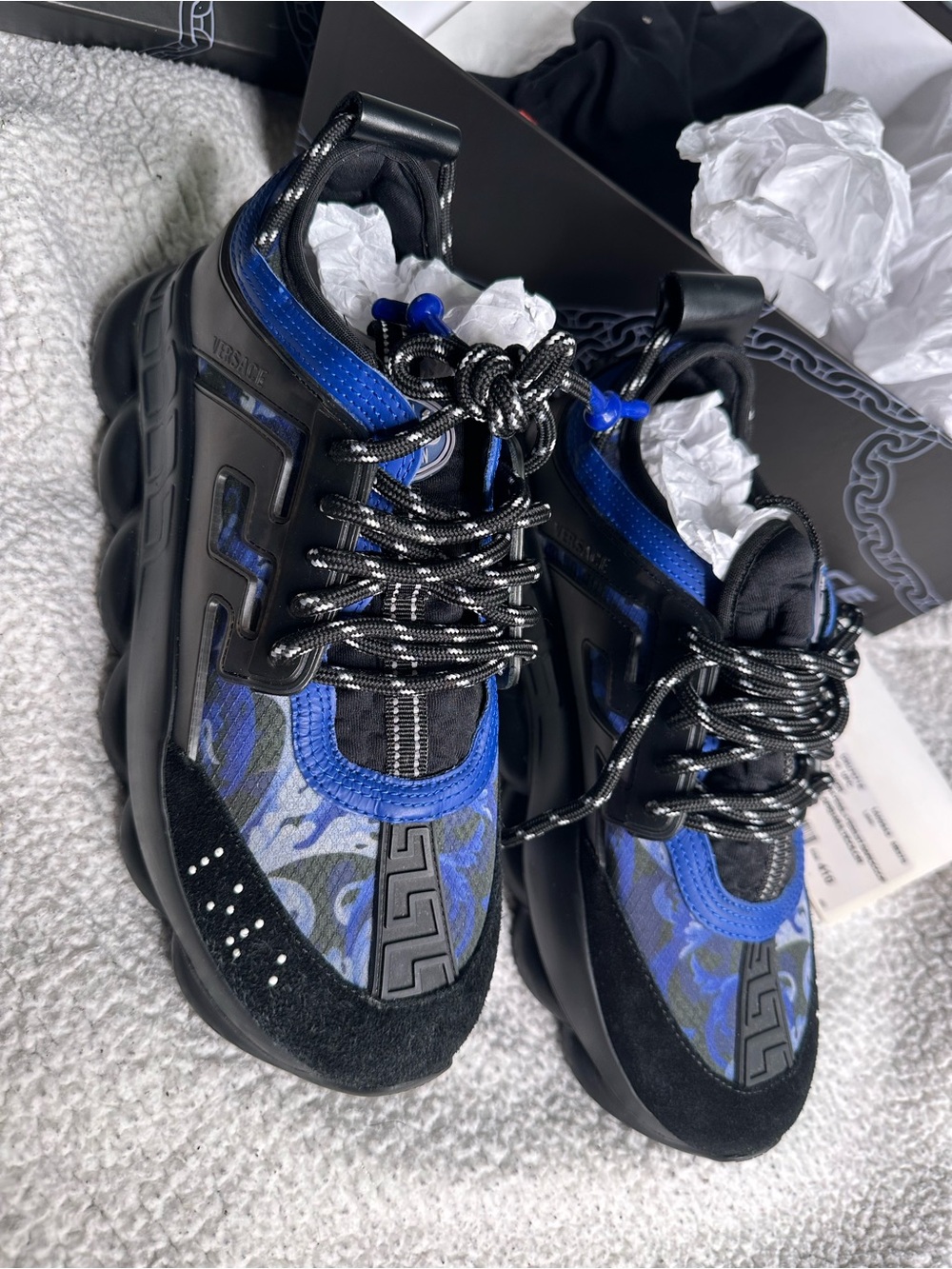 Versace Men’s Black and Blue Chain-Style Platform Sneakers